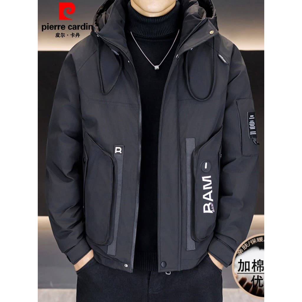 Pierre Cardan Jaqueta acolchoada grossa com capuz masculina inverno novo estilo jaqueta quente masculina jaqueta à prova