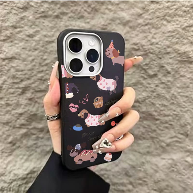 Capinha para iPhone 17/16/15/14/13/12 Pro Max capa de celular cachorro salsicha cartoon anti queda brilhante