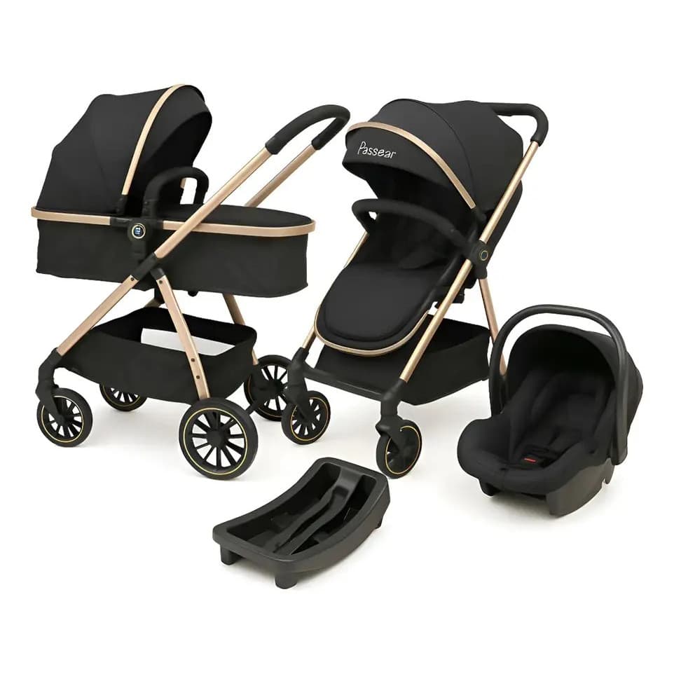 Carrinho 3 Em 1 Move Preto Dourado Com Bebê Conforto E Base - Passear
