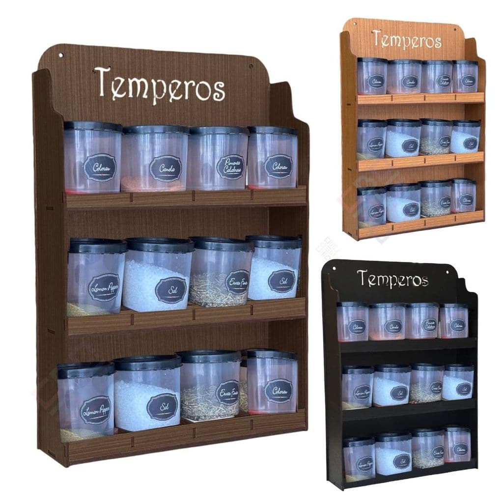 Suporte Porta Condimentos Em Madeira Apoio Temperos Parede Com Potes Prateleira Cozinha + Adesivos