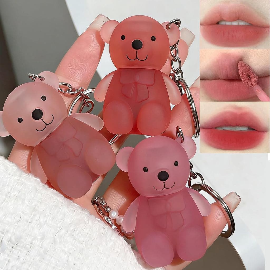 Conjunto de 3 Batons Líquidos Matte em Formato de Chaveiro, Batom Rosa Nude Vermelho com Design de Urso Fofo para Mulher