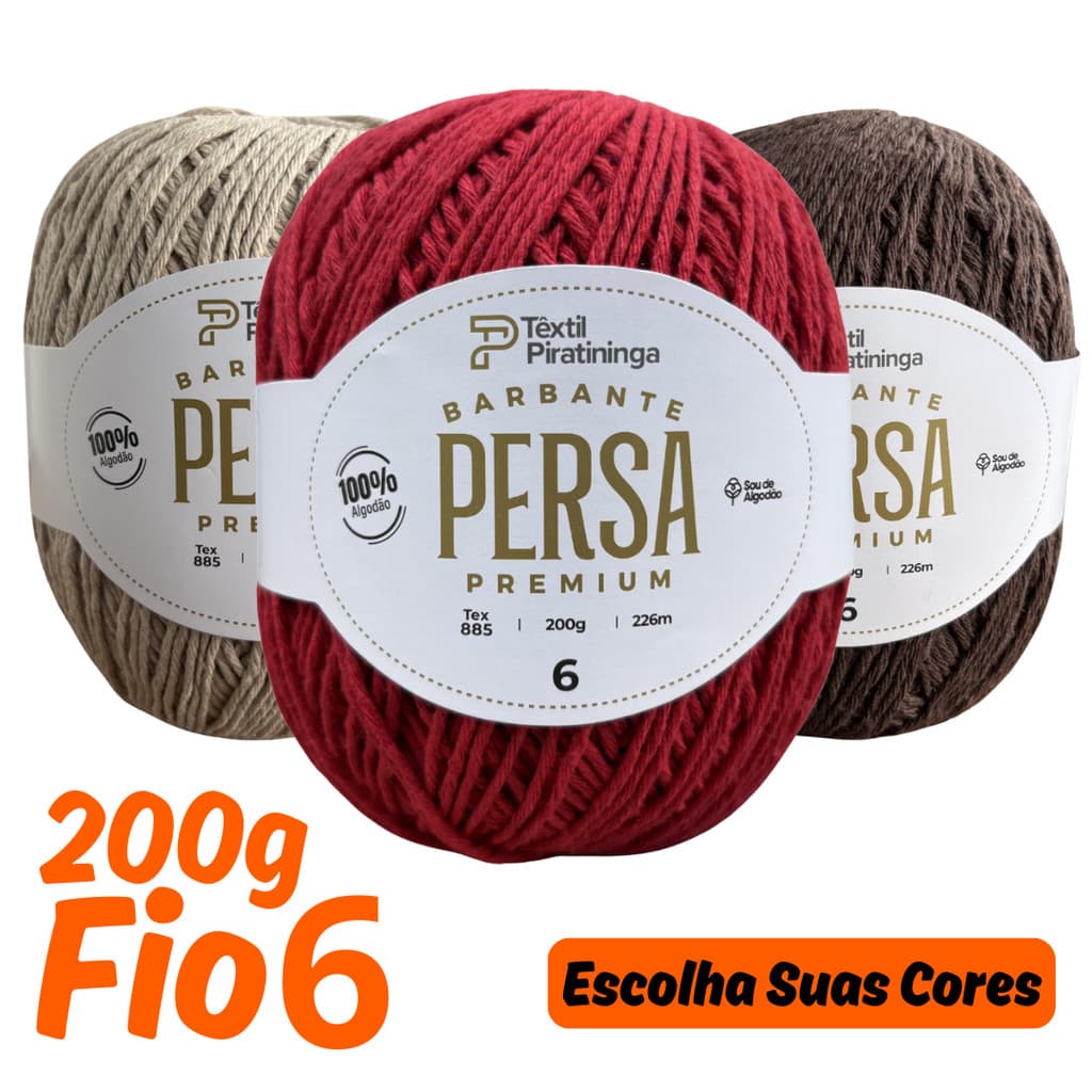 Barbante Persa Premium 200g Fio 6 226m 100% Algodão para Crochê e Artesanato