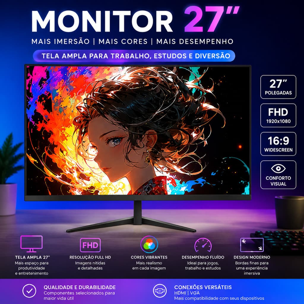 Monitor 27 Polegadas Full HD IPS 75Hz Gamer Escritório Tela Curva HDMI DisplayPort Slim
