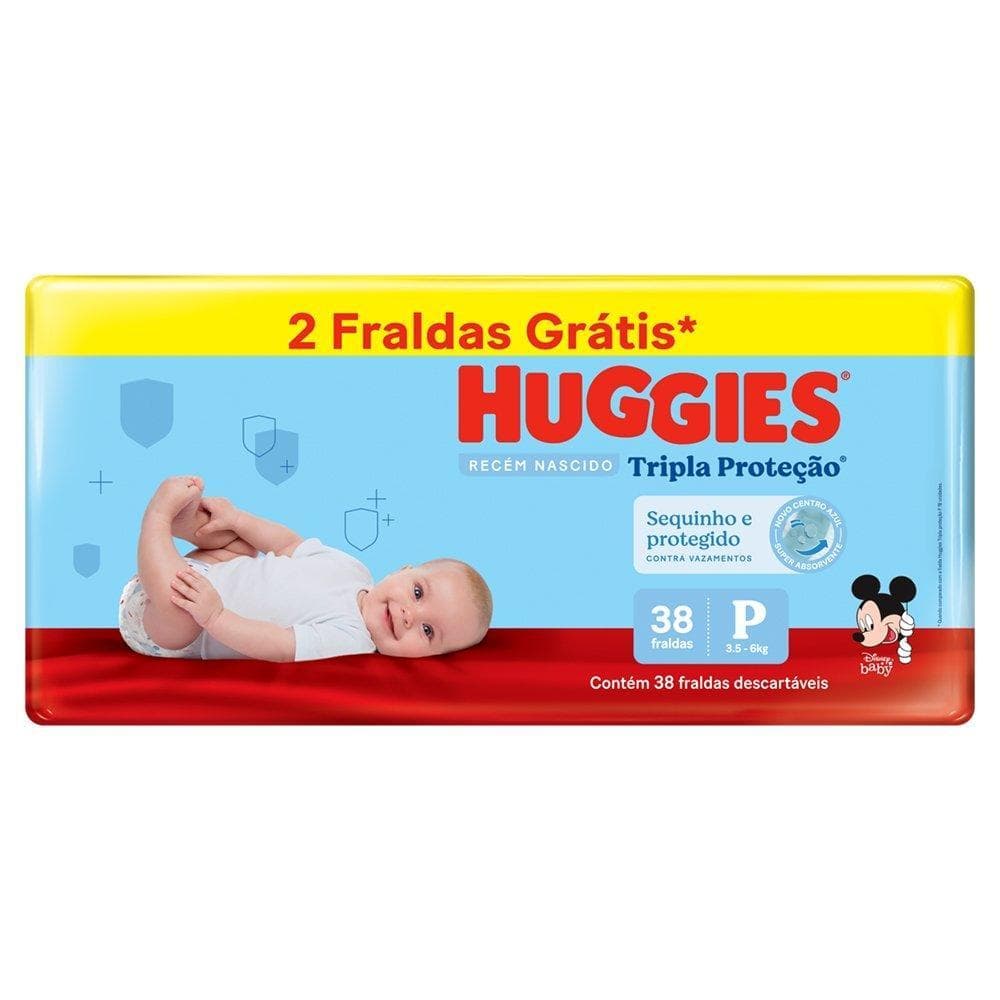 Fralda Descartável Huggies Tripla Proteção Mega Tamanho P  - 9 Pacotes com 38 Fraldas  - Total 342 Tiras - Leve 2 Tiras