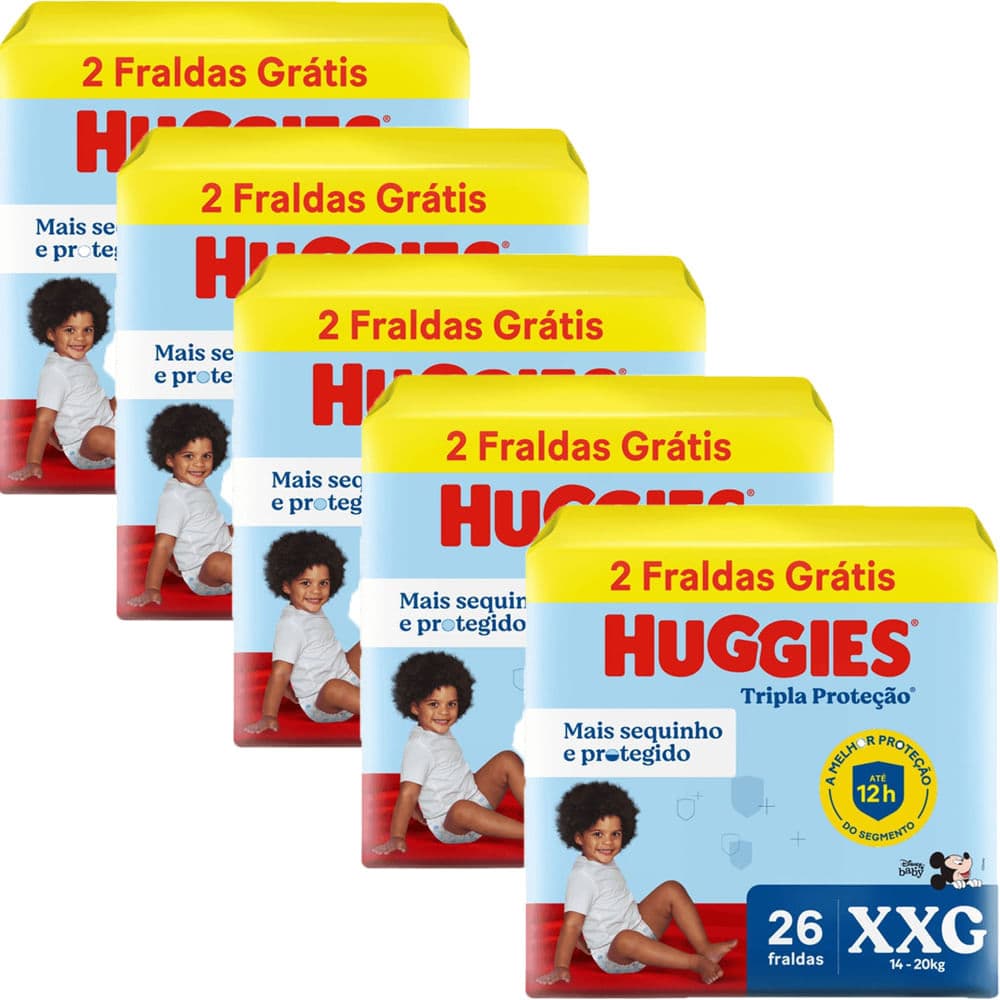 Kit 5 Fraldas Huggies Tripla Proteção Meguinha XXG - 130 Tiras