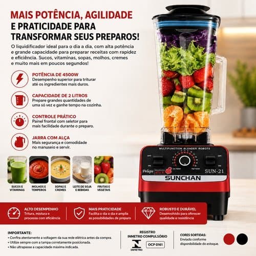 Liquidificador Potente 4500W 127V Capacidade 2 Litros Motor Resistente Alta Performance | cor Sortida