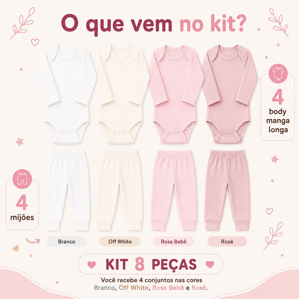 Kit 8 Peças Bebê Suedine Canelado 100% Algodão 4 Conjuntos bori - body e calça - mijão - pagão enxoval unissex