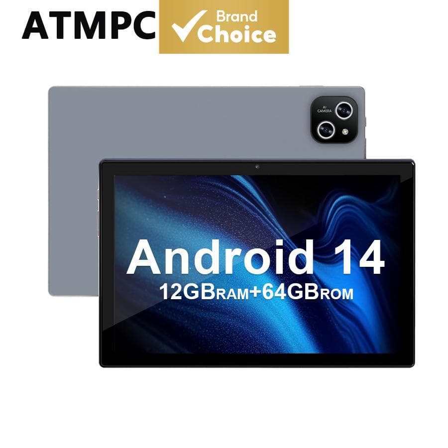Tablet infantil ATMPC de 10 polegadas, sistema Android 14, memória expansível de 12 GB + 64 GB de armazenamento, bateria
