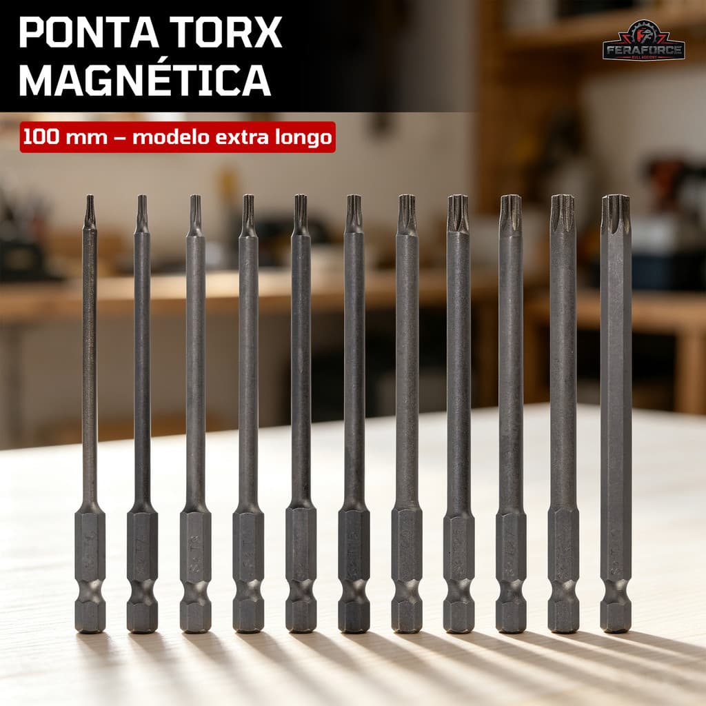 Ponteiras Bits Torx 100mm Magnéticas T6-T40 Aço S2 6,35mm para Parafusadeira Furadeira 1/4