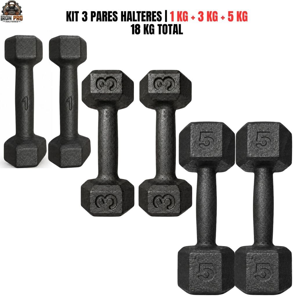 Kit Halter Sextavado Pintado 1 3 e 5 kg 3 Pares 18 kg Total Fisioterapia Musculação Academia CrossFit Treino Funcional