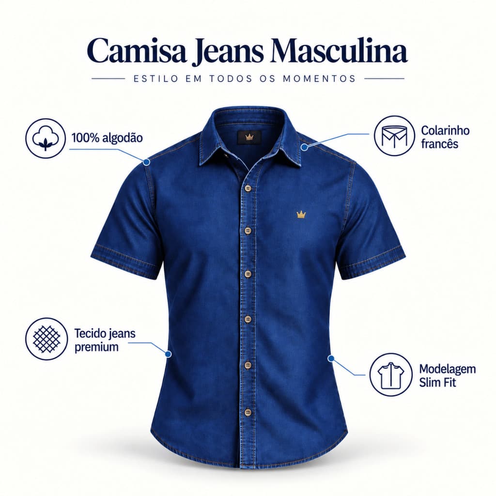 Camisa Social Jeans Masculina Manga Curta Festa Estilosa Slim Fit