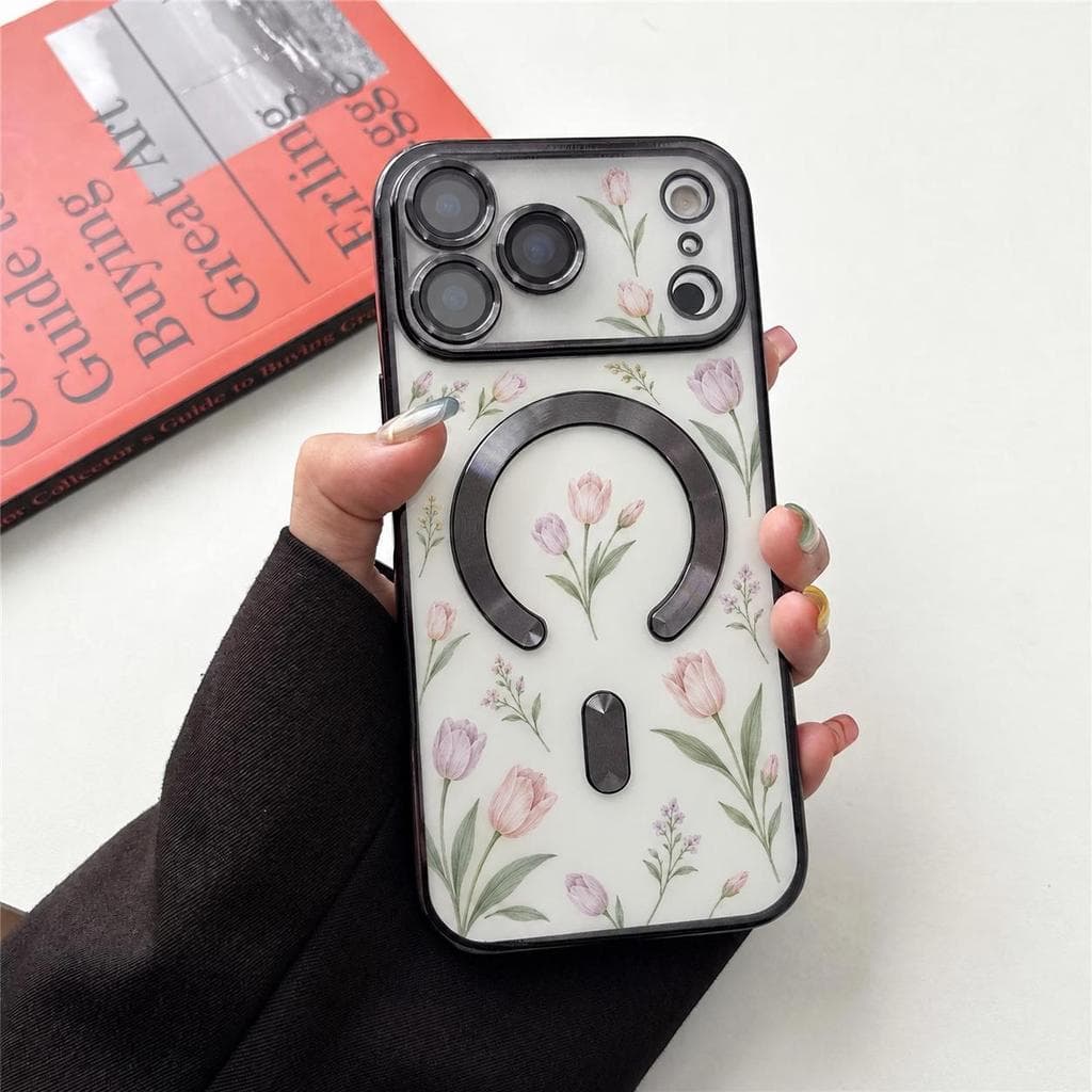 Capinha Para iPhone 18 17 Air 16 15 14 Plus 13 12 11 Pro Max  Capa de celular transparente tulipas magnético anti