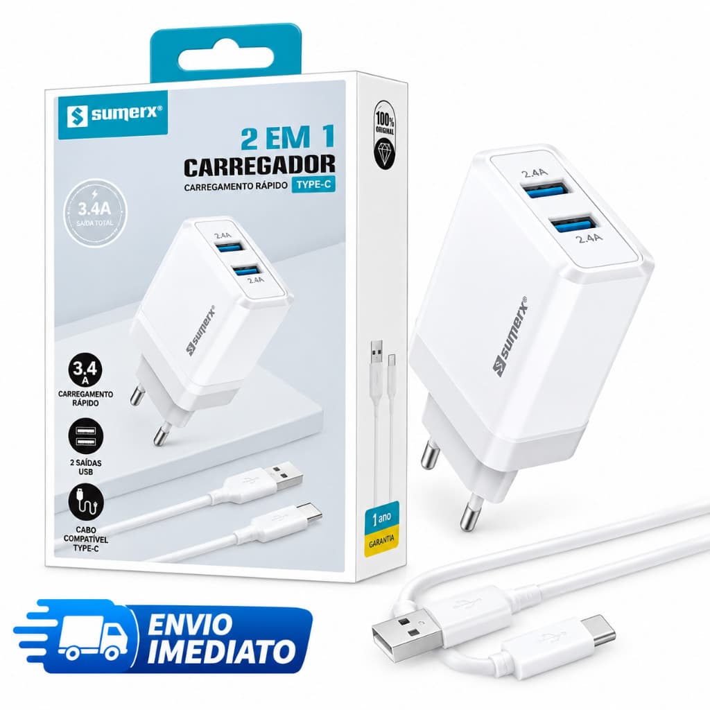 Carregador Rápido 3.4A USB com Cabo para Celular Bivolt Sumexr SX F17 C
