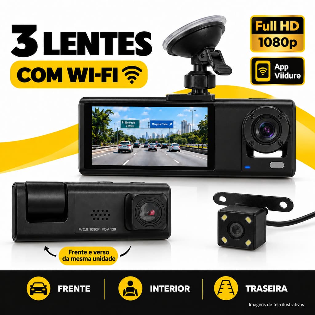 Câmera Veicular para Carro e Uber Wi-Fi 3 Lentes: Frontal, Interna e Traseira Full HD 1080p Dashcam