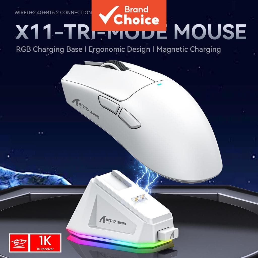 Mouse Gamer Sem Fio X11 da SHARK ATTACK, 3 Modos 2.4G/BT5.0/USB-C com Fio, Sensor Óptico PAW3311 22000 DPI, Mouse