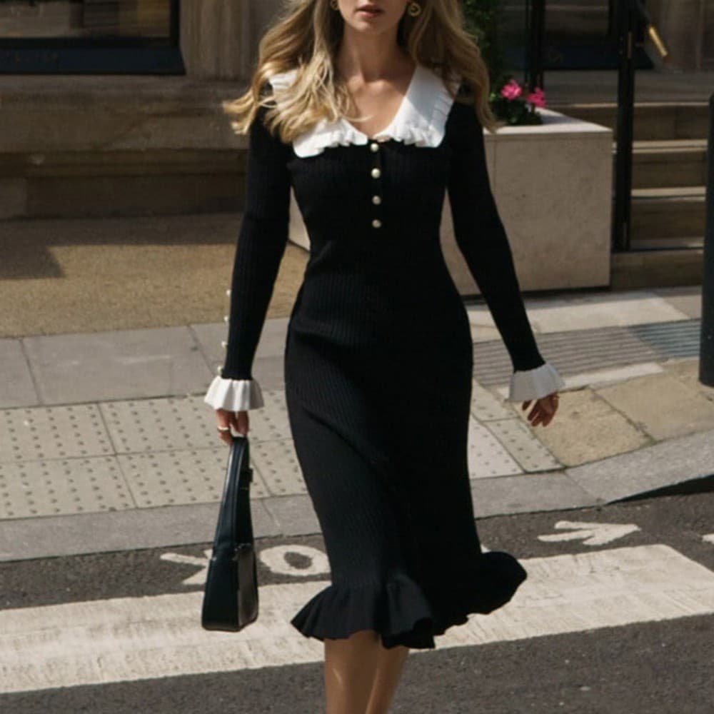 Vestido feminino com babados, vestido suéter de malha novo estilo outono inverno, vestido longo francês retrô