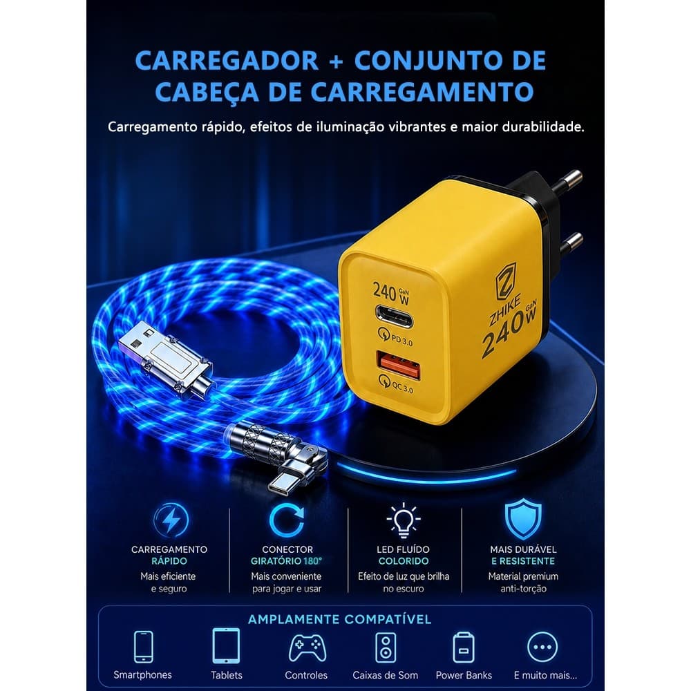 Carregador Rápido 240W ZHIKE PD GaN Tipo C V8 USB-C iP Streamer LED Celular de Parede Super Portátil com Cabo 1M Kit Pro