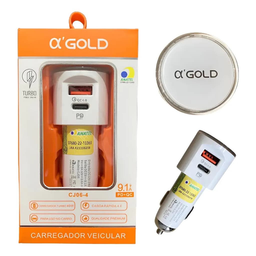 Carregador Veicular Turbo 40w 9.1a Usb Com Entrada Tipo-c.