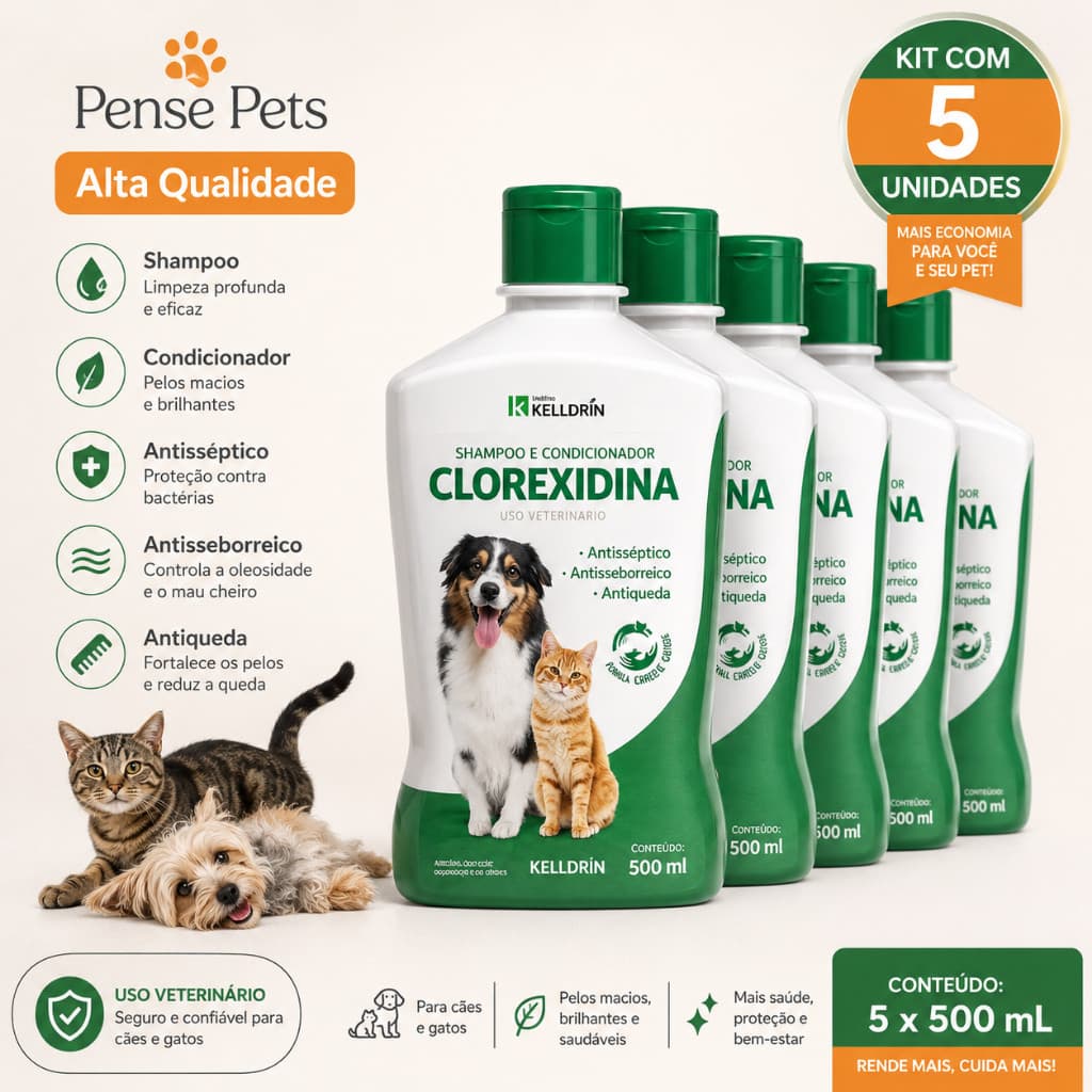 5 Unidades - Shampoo e Condicionador Kelldrin Clorexidina 500ml