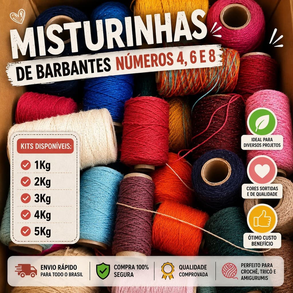 MISTURINHAS DE BARBANTES KITS 1 2 3 4 e 5Kg - N° 4, 6 e 8 - CORES SORTIDAS PARA CROCHÊ