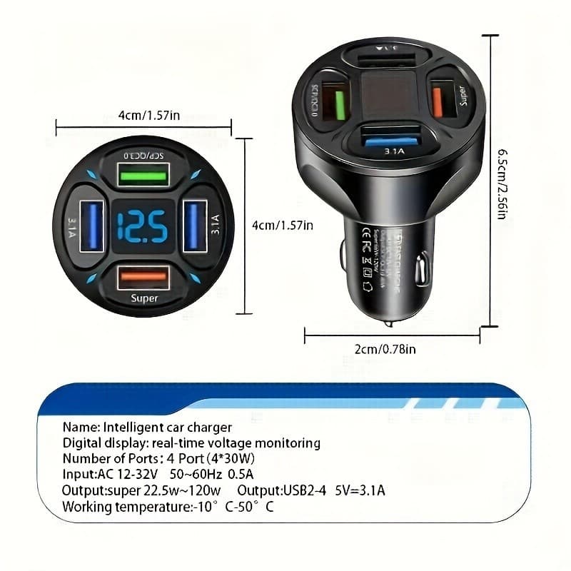 Carregador de carro 66W Carga rápida 4USB Display Digital Luz ambiente Carregador de carro Carga rápida Um para quatro P