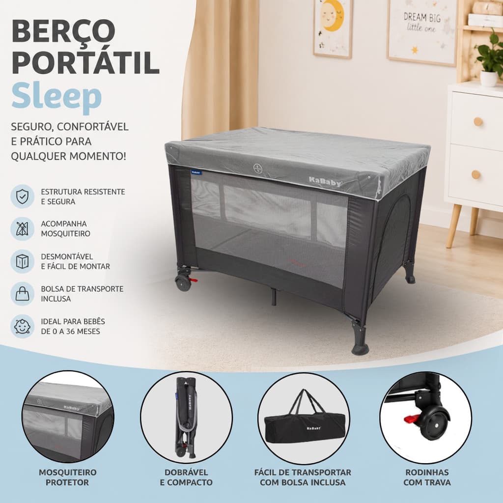 Berço Portátil Infantil Cercado Desmontável Com Mosquiteiro Sleep Cinza Kababy