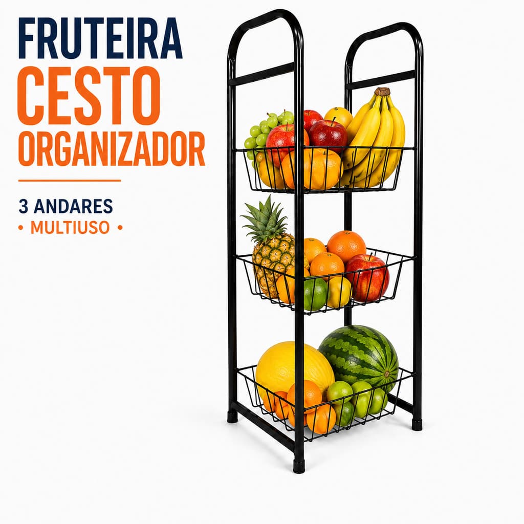 Cesto Organizador Fruteira 3 Andares em Aço Preto Multiuso para Cozinha Despensa Banheiro