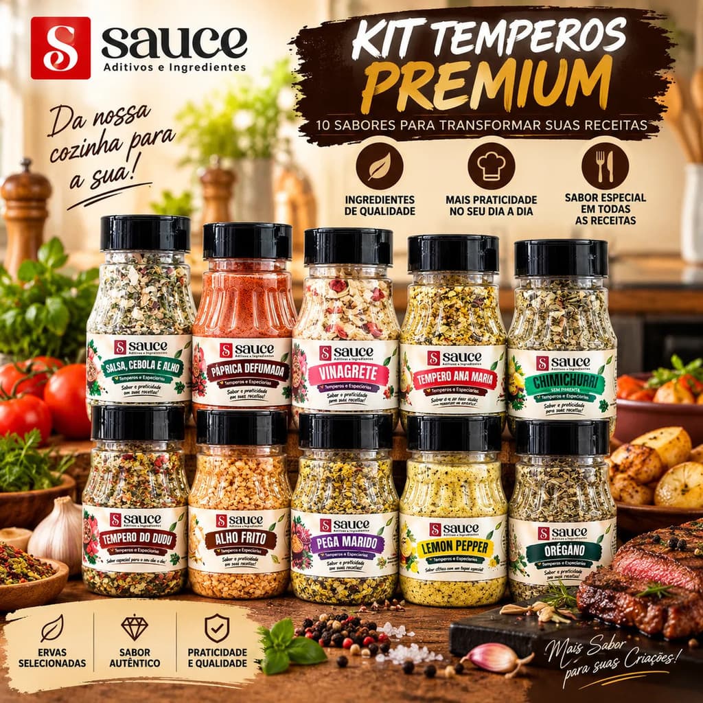 Kit 10 Temperos Premium Sauce | Lemon Pepper, Páprica Defumada, Chimichurri, Vinagrete e Mais