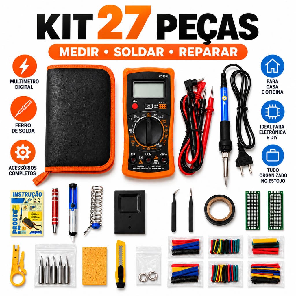 Kit Solda 27 Peças Ferro de Solda + Multímetro Digital + Acessórios Eletrônica DIY Reparo