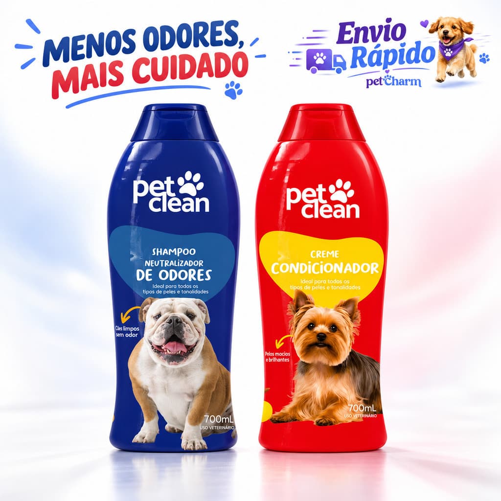 Kit Shampoo Para Cães E Gatos Neutralizador De Odores + Creme Condicionador 700ml Pet Clean