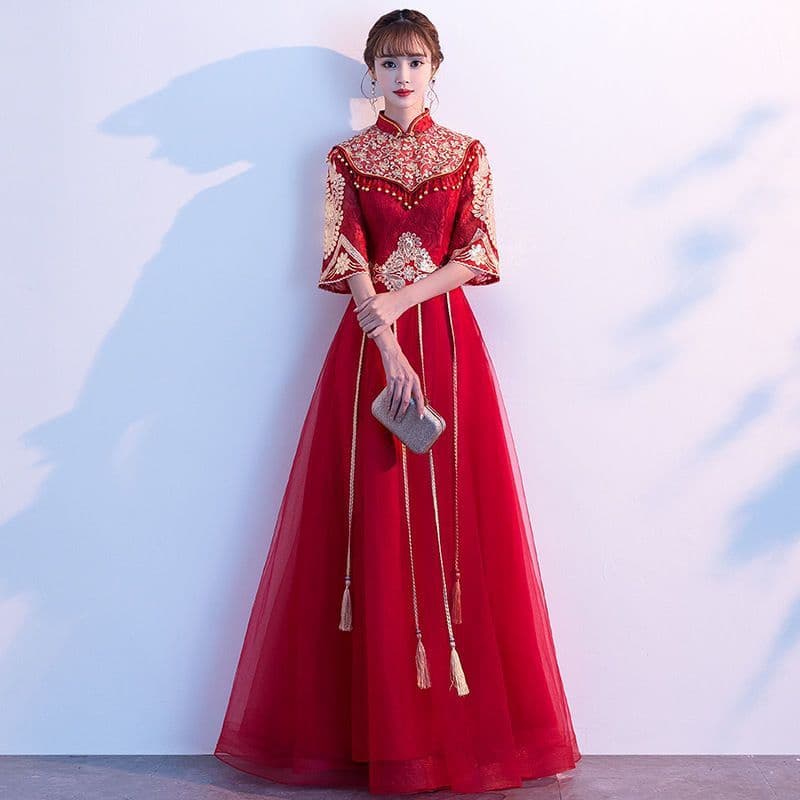 [Novo produto] Vestido de noite vestido de noiva torrado outono verão vestido de noiva vermelho feminino vestido Xiuhe m