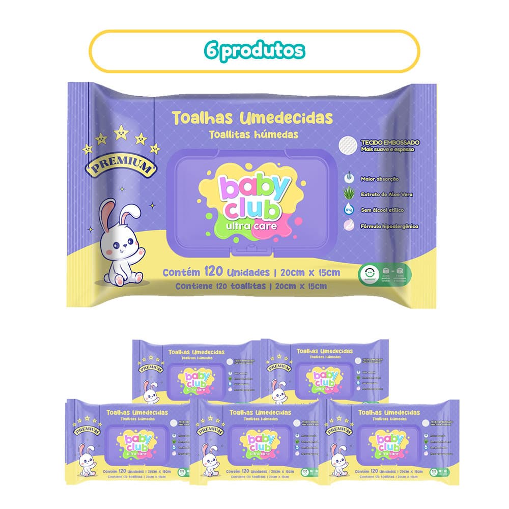 Kit 6 Pacotes Toalhas Umedecidas Premium 120 Folhas Baby Club