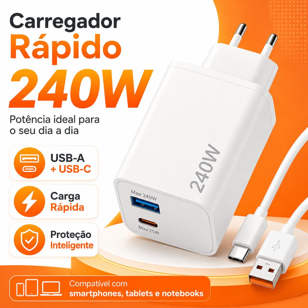 Carregador Ultra Rápido de 240W Tomada Europeia USB-A+Tipo-C com Carregamento Rápido PD, Adaptador Celulares Notebooks
