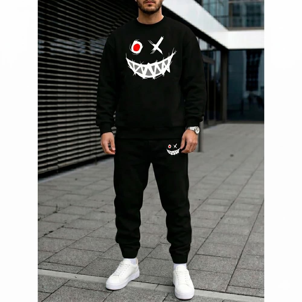 Conjunto de moletom Smiley desenhos Gola Careca Streetwear casual solto moletom Unissex Blusa + Calça moletom