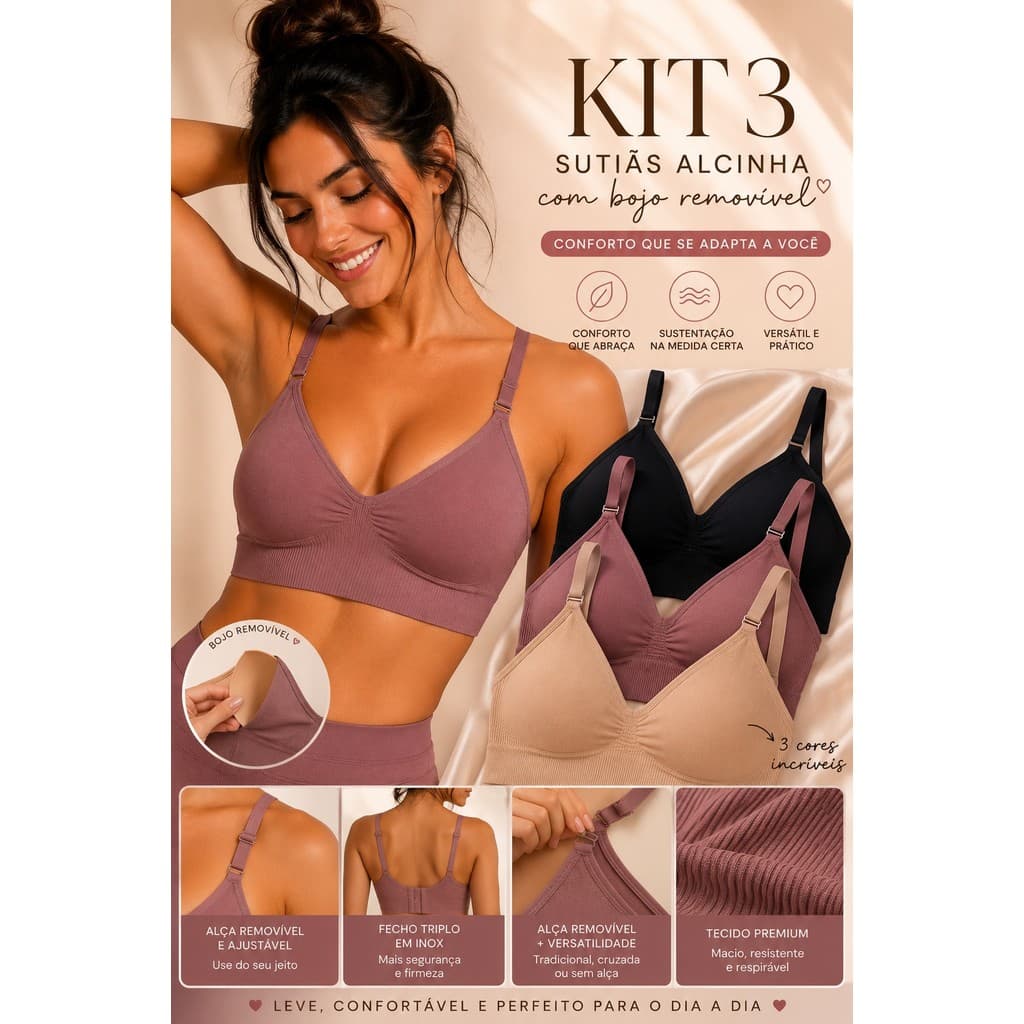 KIT 3 Top Sutiãs Feminino Sem Costura Alça Fina Canelado  Com Bojo Removível Poliamida