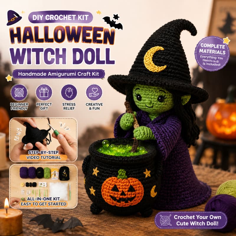 Kit De Artesanato De Bruxa De Halloween DIY-Conjunto De Crochê Adequado Para Iniciantes Fazer Bonecas Fofas De Amigurumi