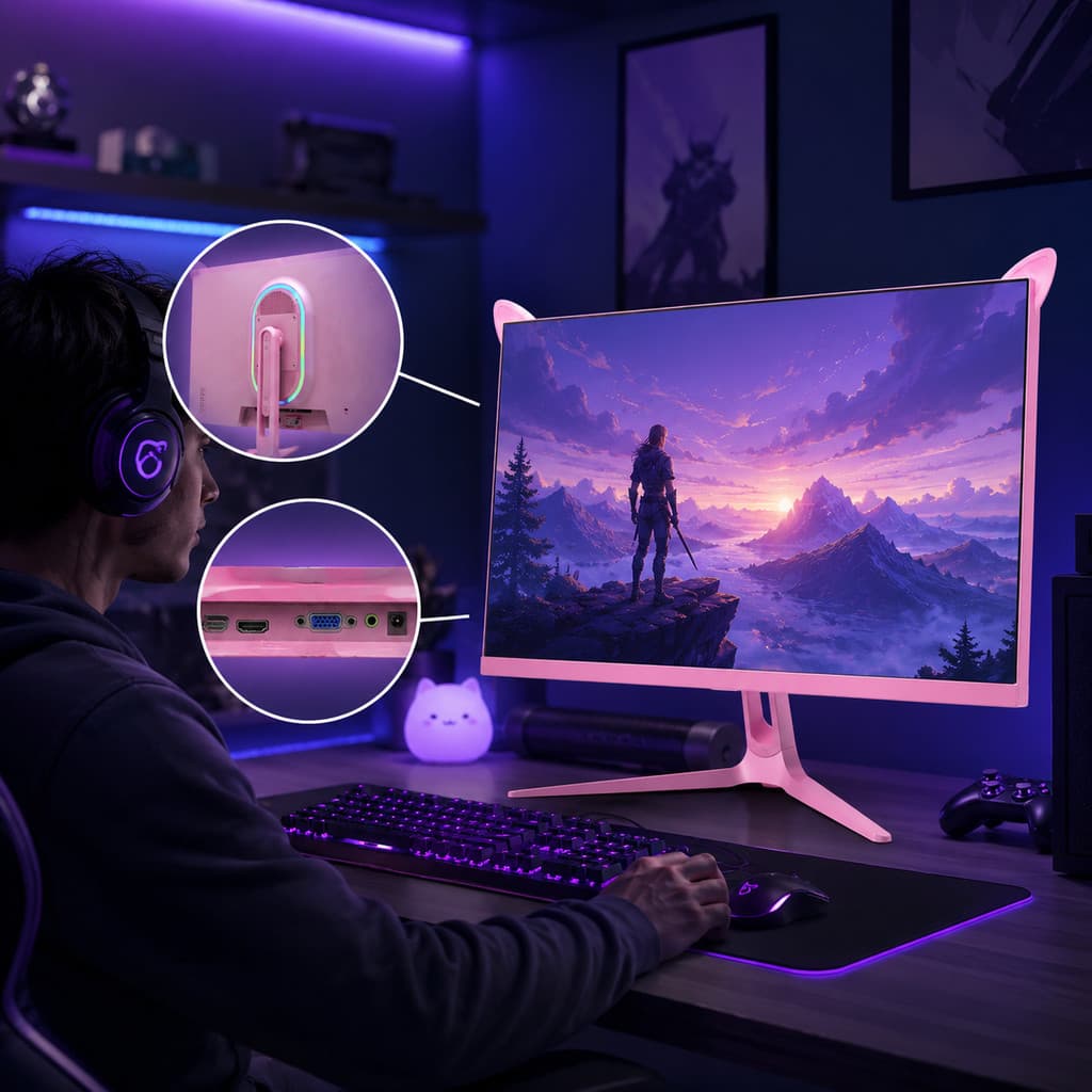 Monitor 27" Gamer Rosa Full HD IPS 100Hz 1ms RGB Traseiro Orelhas de Gato HDMI VGA Aitek DELTA-M2710RA