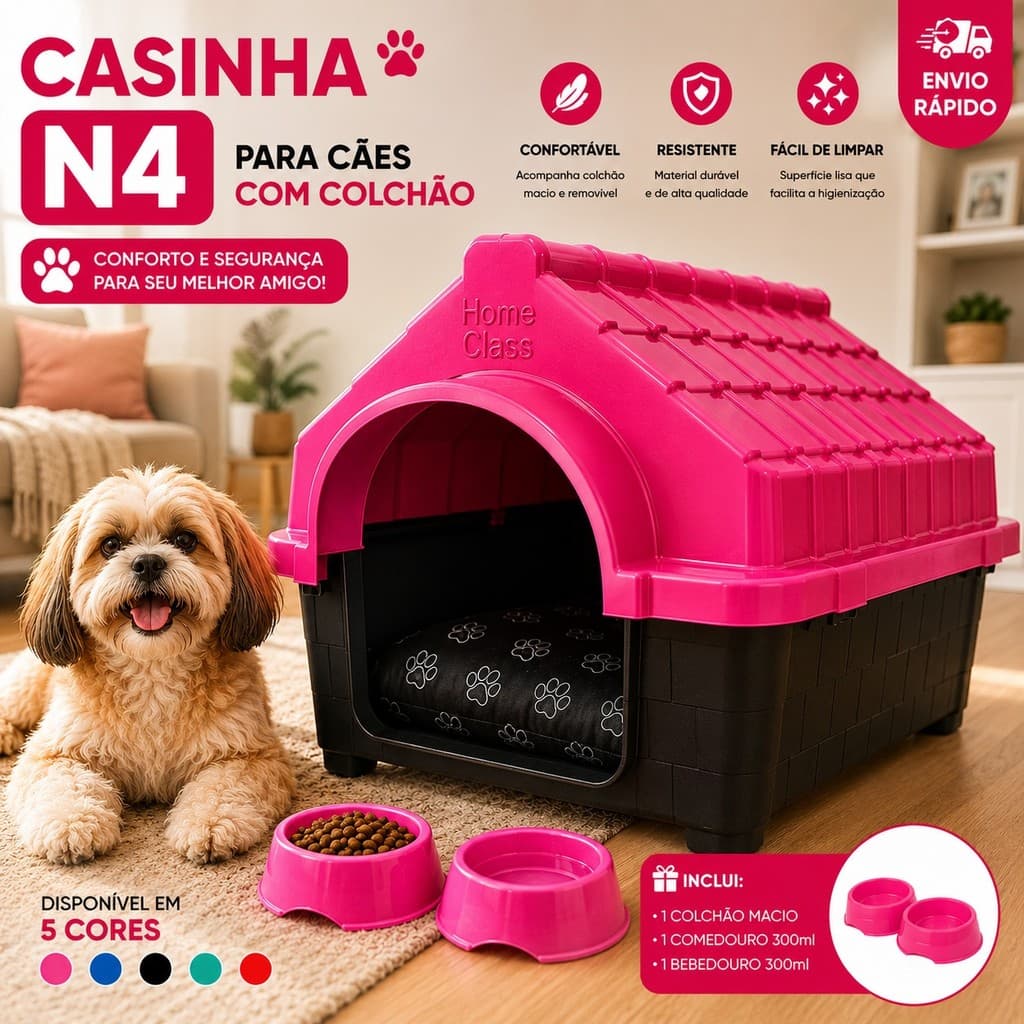 Casinha Para Cachorro Com Caminha Confortável Comedouro Bebedouro Casa Para Cães Pet N4