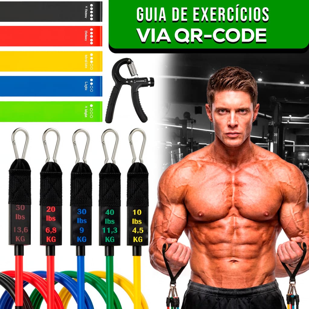Kit 17 Elastico Exercicio + 5 Mini Bands +Hand Grip Ajustavel Treino em Casa Musculação Guia de Exercícios Exclusivo