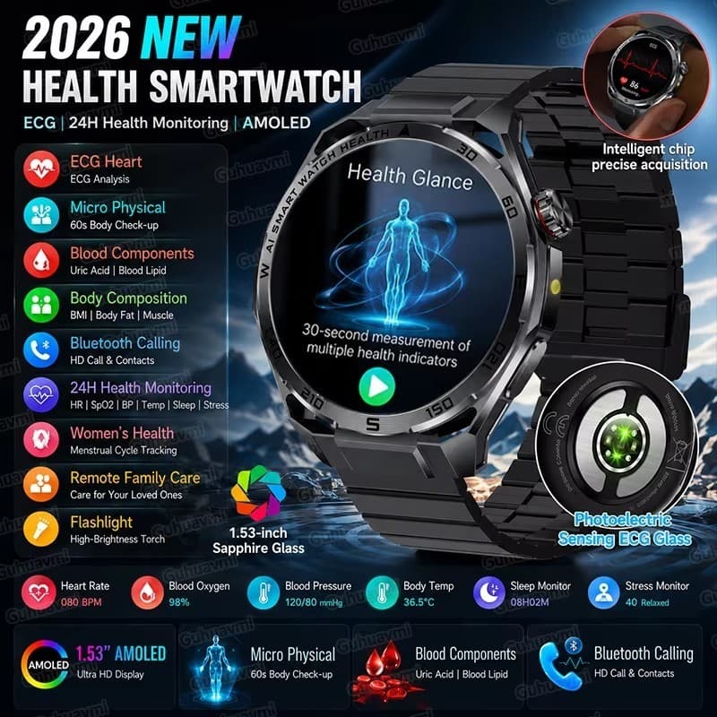 Al-GPT Profissional Grau ECG Saúde SmartWatch Análise Corporal Sanguínea Monitoramento Abrangente Esporte Relógio Inteli