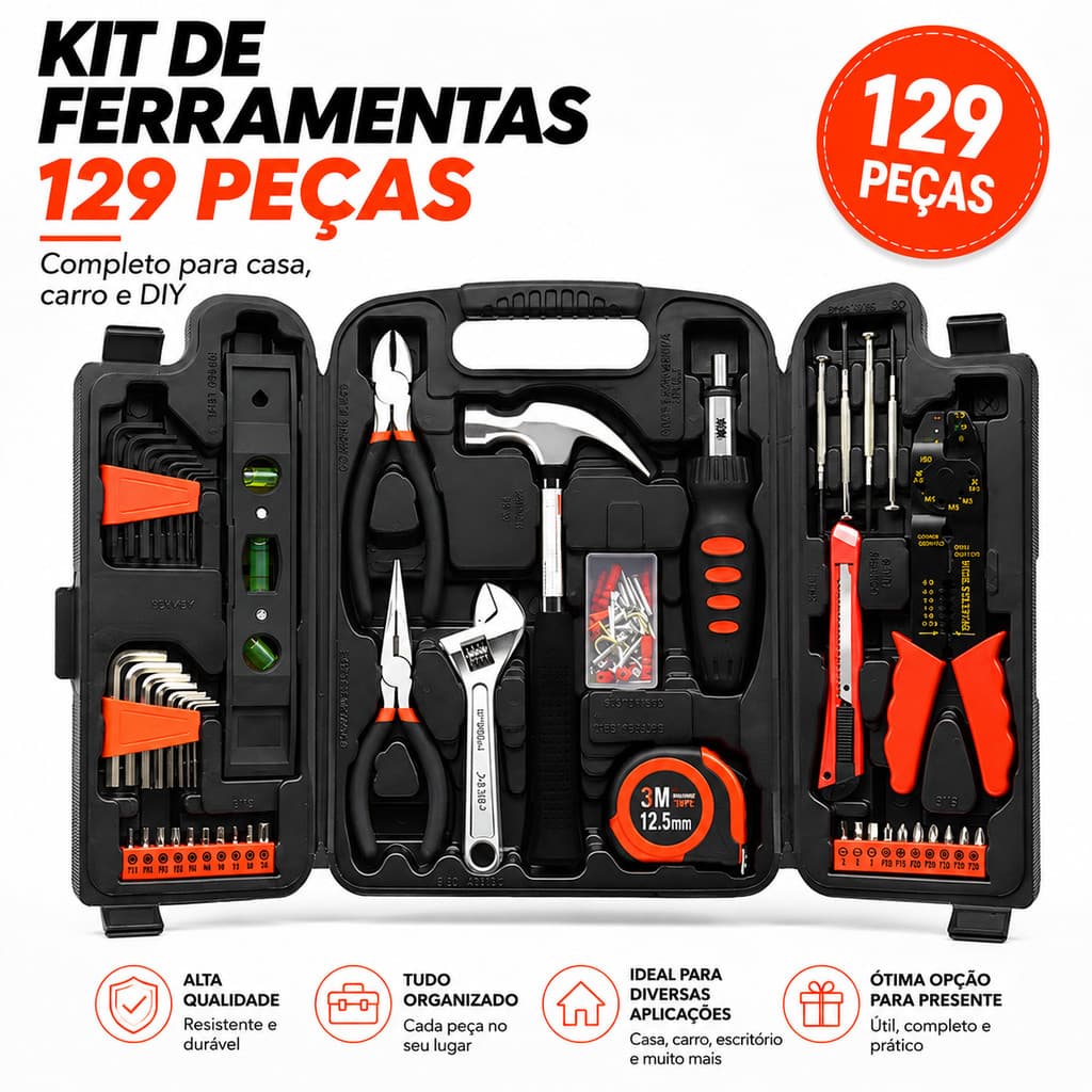 Kit Ferramentas 129 Peças com Maleta Completo para Casa Reparos Oficina DIY
