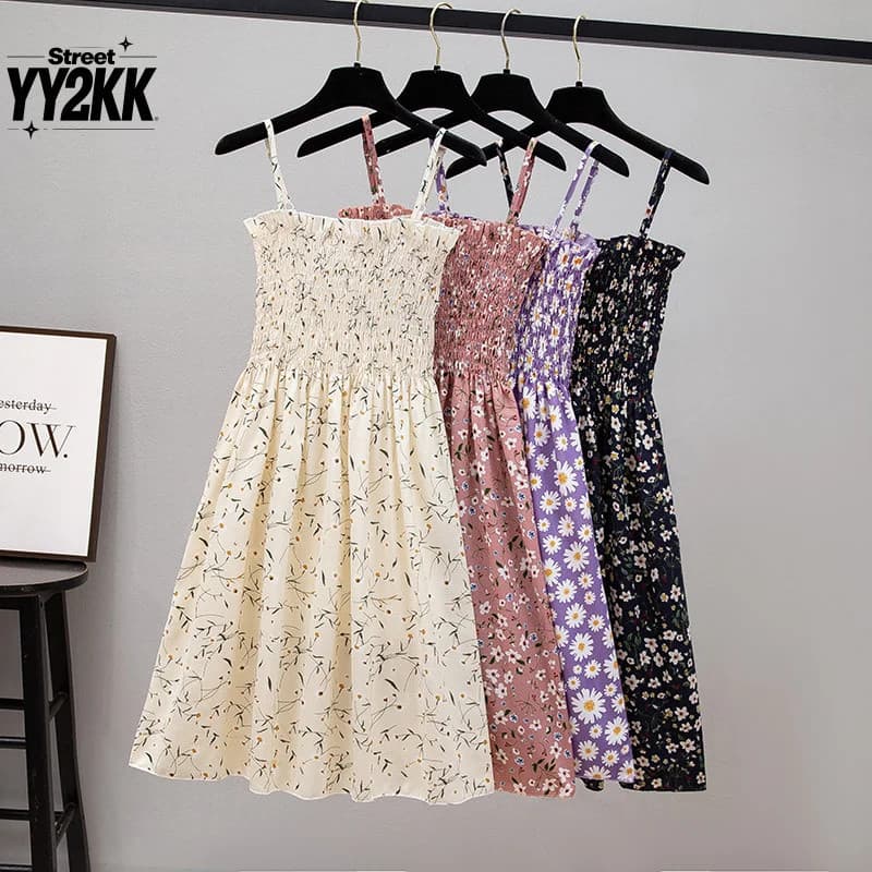 mini Vestidos De Verão Moda Feminina Elástica Cintura Alta casual Cinta Espaguete Sem Mangas Vestido Feminino chiffon