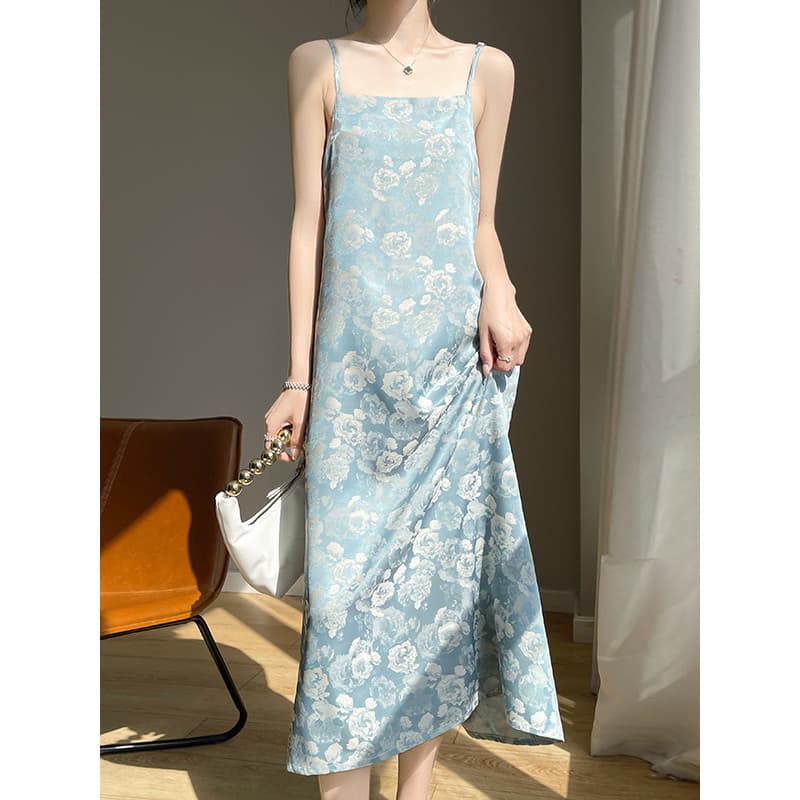 Pescoço plano cetim peônia vestido feminino verão novo estilo pescoço plano estilingue vestido Jacquard cetim vestido lo