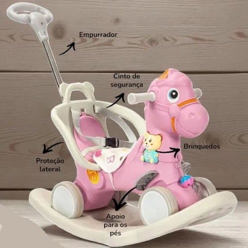 Cavalinho Passeio Balanço Com Rodinhas Infantil Empurrador Com Brinquedos Interativo Divertido Seguro Carrinho Bebê Rosa
