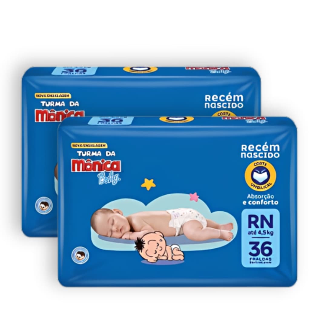 Kit 2 Fraldas Descartáveis Turma da Mônica Baby Recem Nascido RN -72 Unidades
