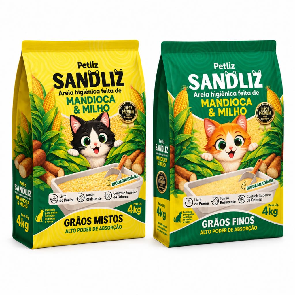 Areia Higiênica Biodegradável Sanitária Milho Mandioca Gatos Torrão Firme 4kg a 16kg Petliz Sandliz