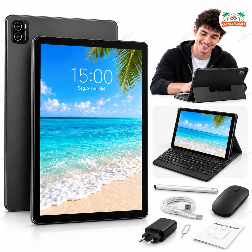 Tablet 2 em 1 Android 10.1" HD com Teclado Bluetooth e Capa, Tela Grande e WiFi Integrado