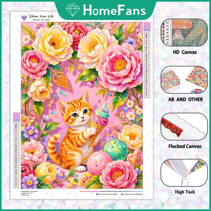 HF Atualizado Flor Sorvete Gato AB Broca Tecido Flocado DIY 5D Pintura Diamante Cheio De Bordado Arte Cristal Decoração 