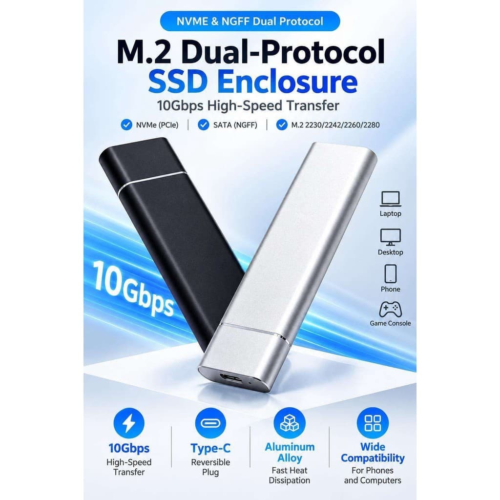 Gabinete SSD De Protocolo Duplo M . 2 NVMe NGFF SATA Type C Caixa De Disco Rígido Externo De Alta Velocidade 10 Gbps Por