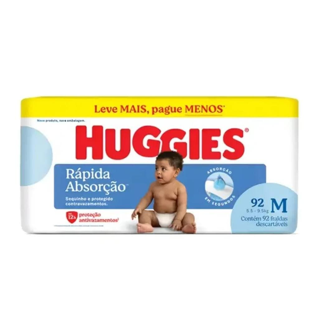 Huggies Fralda Rápida Absorção  M c/92 Proteção Antivazamento 12h